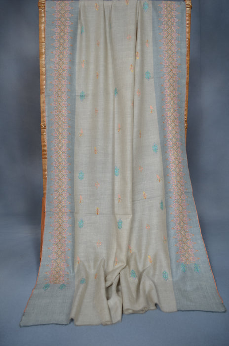 Un Dyed Natural Border Embroidery Cashmere Pashmina Shawl