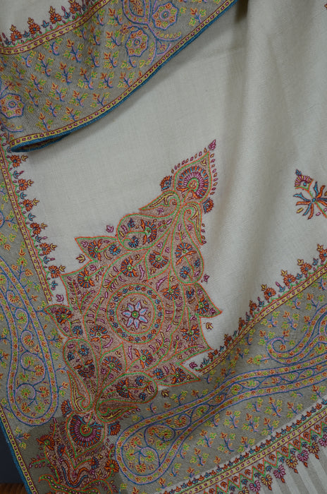 Ivory Border Embroidery Cashmere Pashmina Shawl