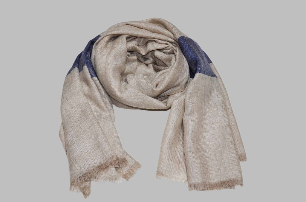 Classic Natural With Blue Border Handwoven Cashmere Pashmina Scarf
