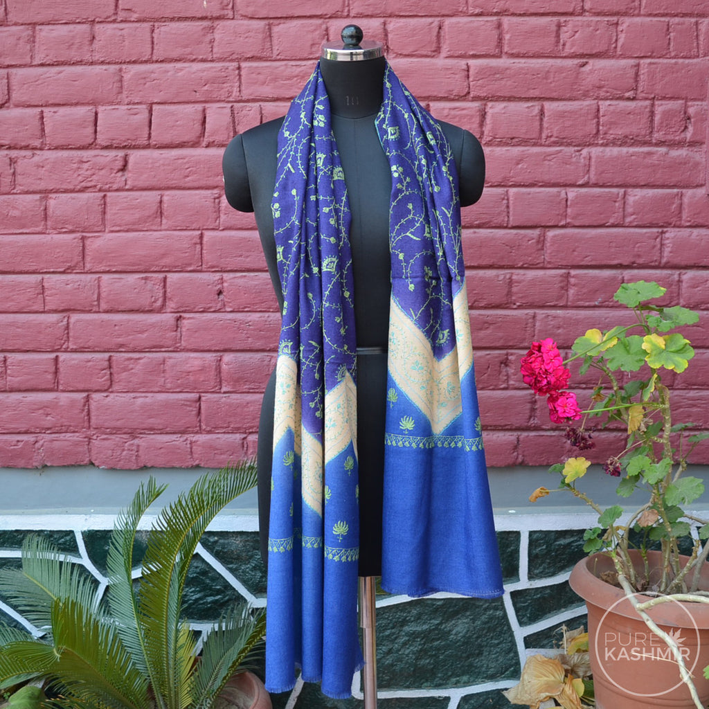 Triple Dyed Kashmir Jali Embroidery Wool Scarf