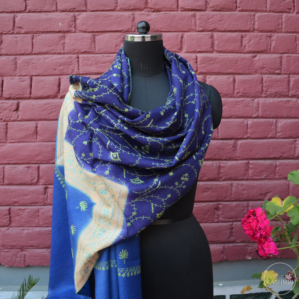 Triple Dyed Kashmir Jali Embroidery Wool Scarf