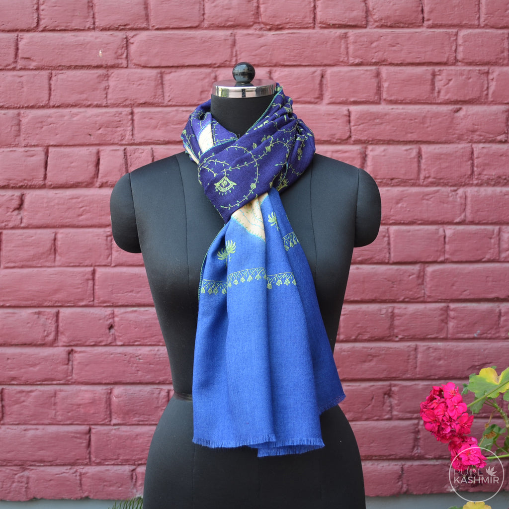 Triple Dyed Kashmir Jali Embroidery Wool Scarf