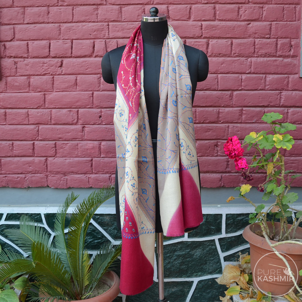 Triple Dyed Kashmir Jali Embroidery Wool Scarf