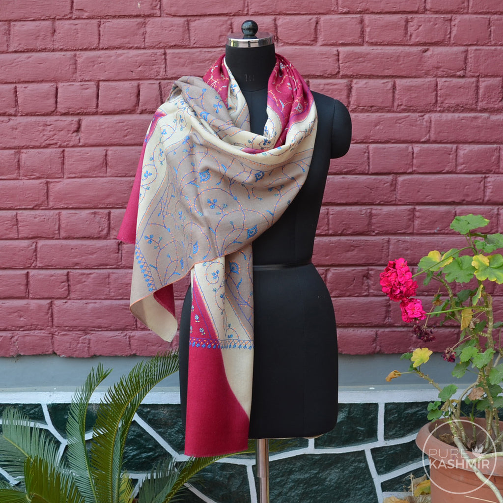Triple Dyed Kashmir Jali Embroidery Wool Scarf