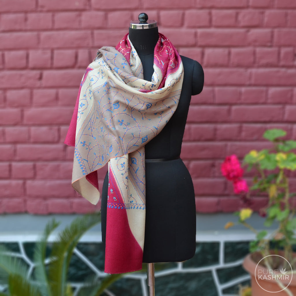 Triple Dyed Kashmir Jali Embroidery Wool Scarf