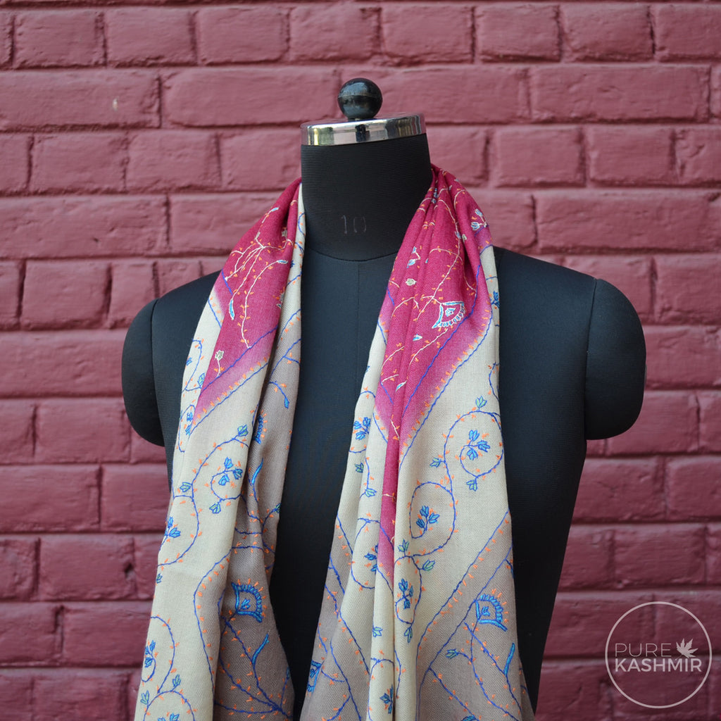 Triple Dyed Kashmir Jali Embroidery Wool Scarf