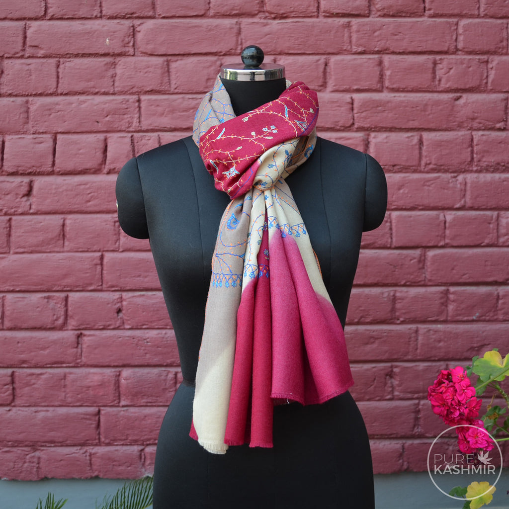 Triple Dyed Kashmir Jali Embroidery Wool Scarf