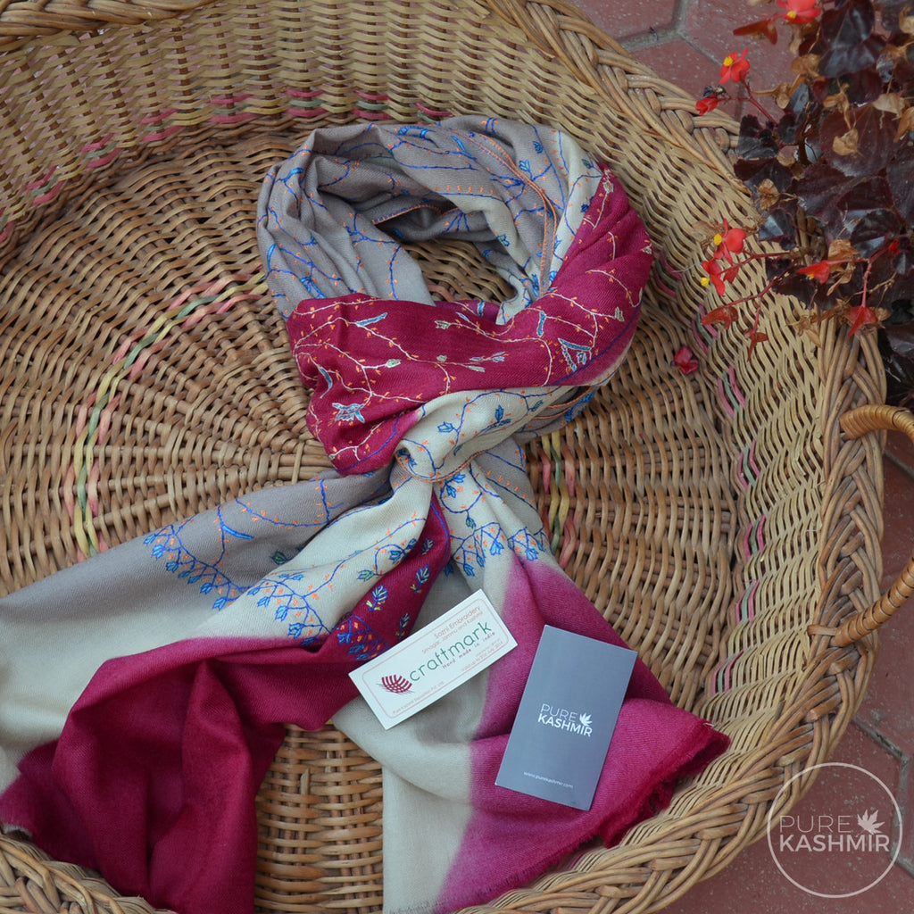 Triple Dyed Kashmir Jali Embroidery Wool Scarf