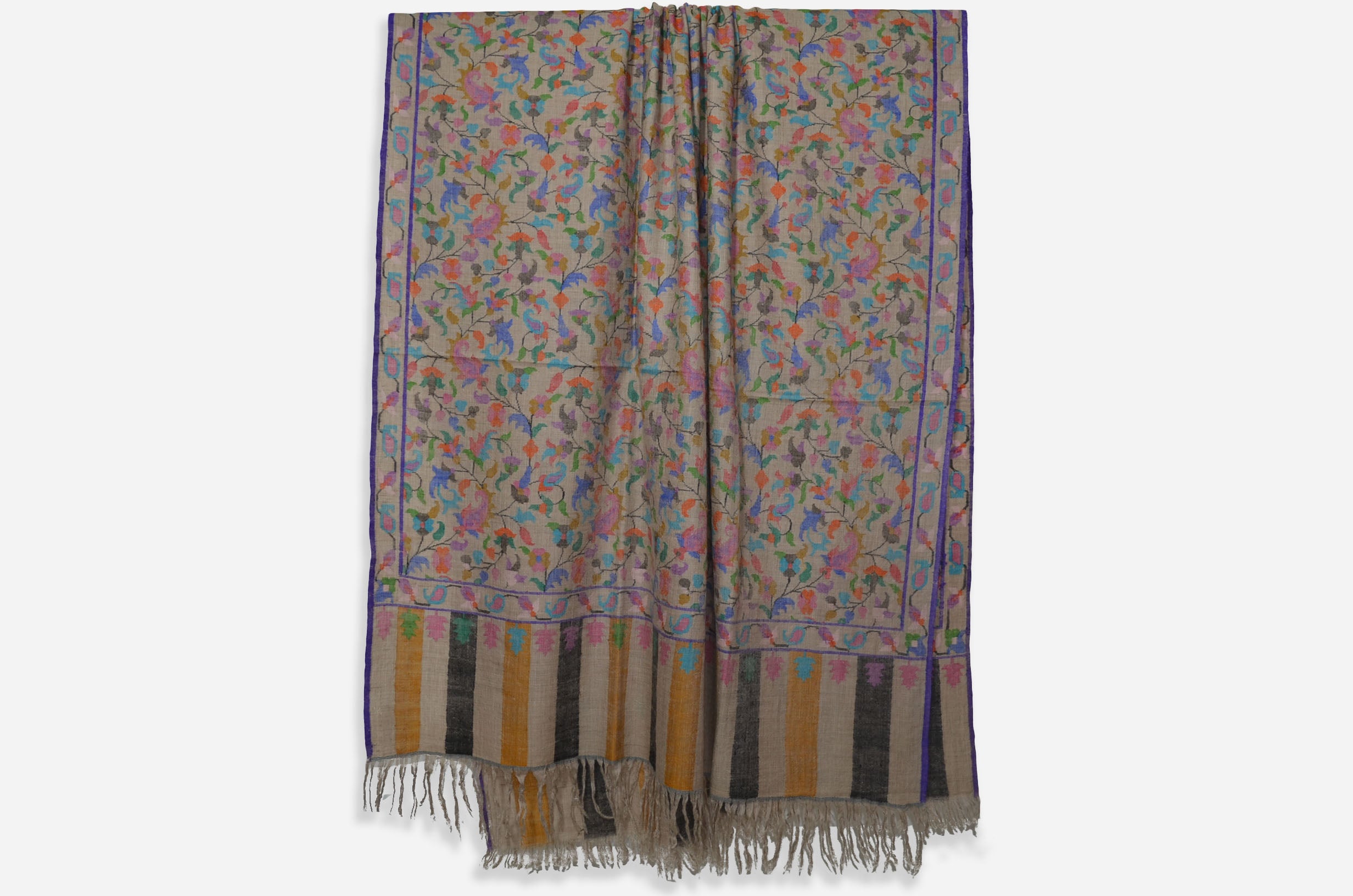 A luxurious Cashmere Pashmina jamawar kani shawl made from highest quality fibers. This kani shawl is a signature of royality. Buy and feel the softness and warmth of this pashmina kani shawl. Hand embroidered in Kashmir | purekashmir.com