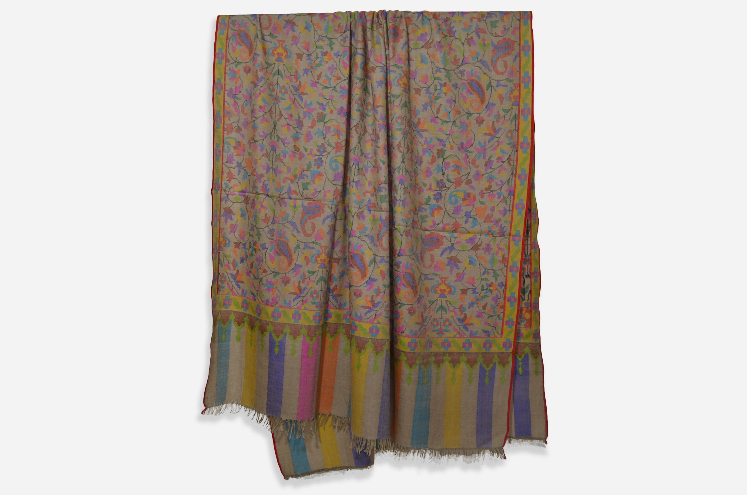 A luxurious Cashmere Pashmina jamawar kani shawl made from highest quality fibers. This kani shawl is a signature of royality. Buy and feel the softness and warmth of this pashmina kani shawl. Hand embroidered in Kashmir | purekashmir.com