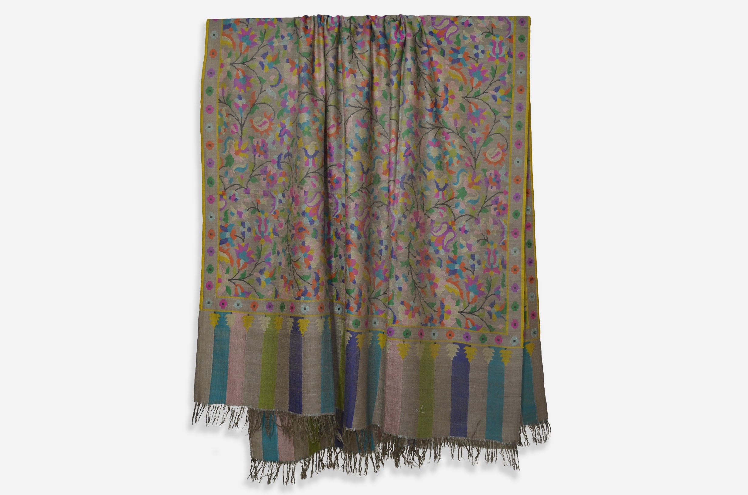 A luxurious Cashmere Pashmina jamawar kani shawl made from highest quality fibers. This kani shawl is a signature of royality. Buy and feel the softness and warmth of this pashmina kani shawl. Hand embroidered in Kashmir | purekashmir.com