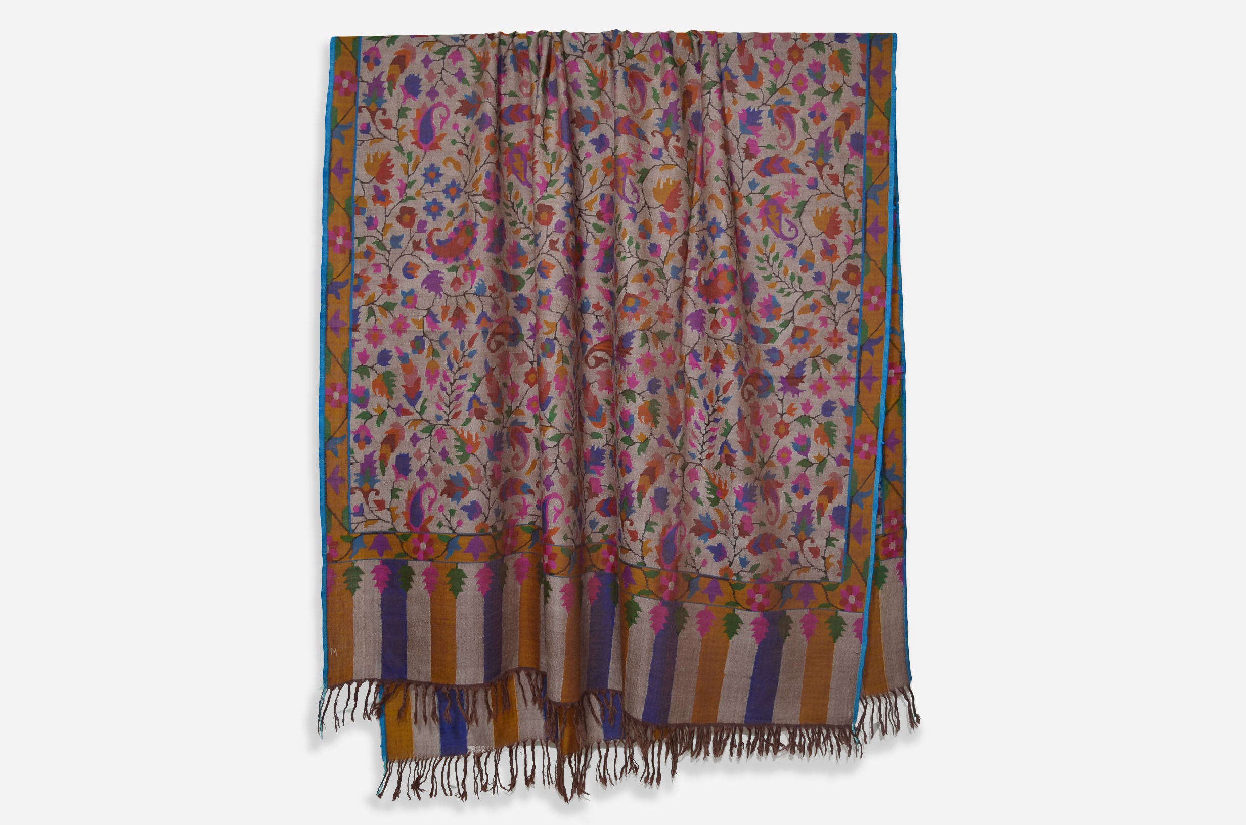 A luxurious Cashmere Pashmina jamawar kani shawl made from highest quality fibers. This kani shawl is a signature of royality. Buy and feel the softness and warmth of this pashmina kani shawl. Hand embroidered in Kashmir | purekashmir.com