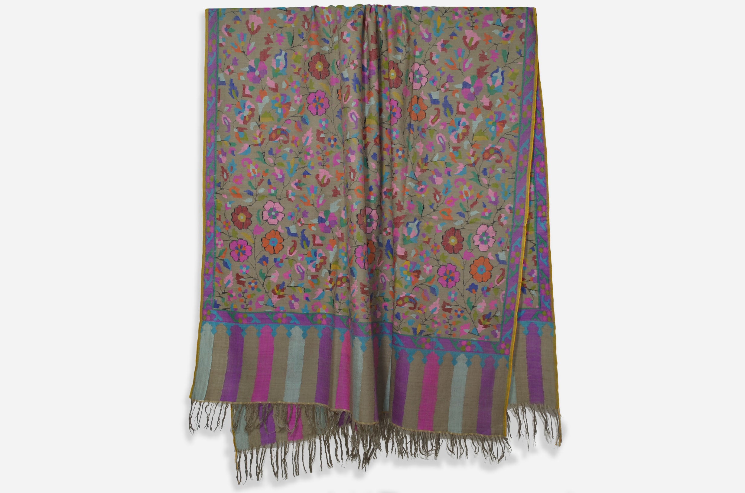 A luxurious Cashmere Pashmina jamawar kani shawl made from highest quality fibers. This kani shawl is a signature of royality. Buy and feel the softness and warmth of this pashmina kani shawl. Hand embroidered in Kashmir | purekashmir.com