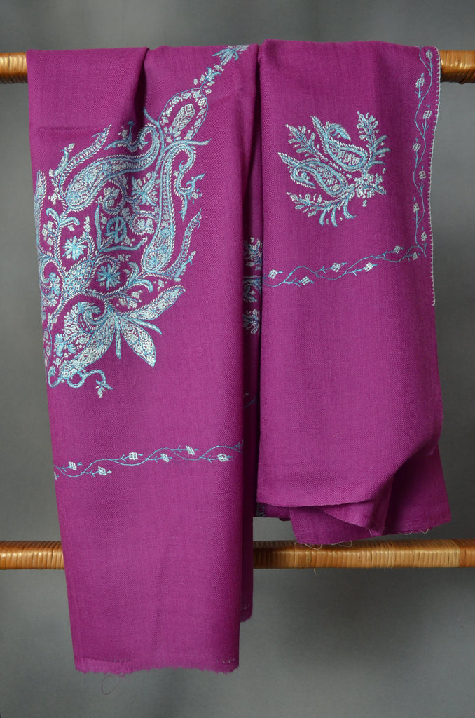 Magenta Cone Motif Merino Sozni Hand Embroidery Scarf