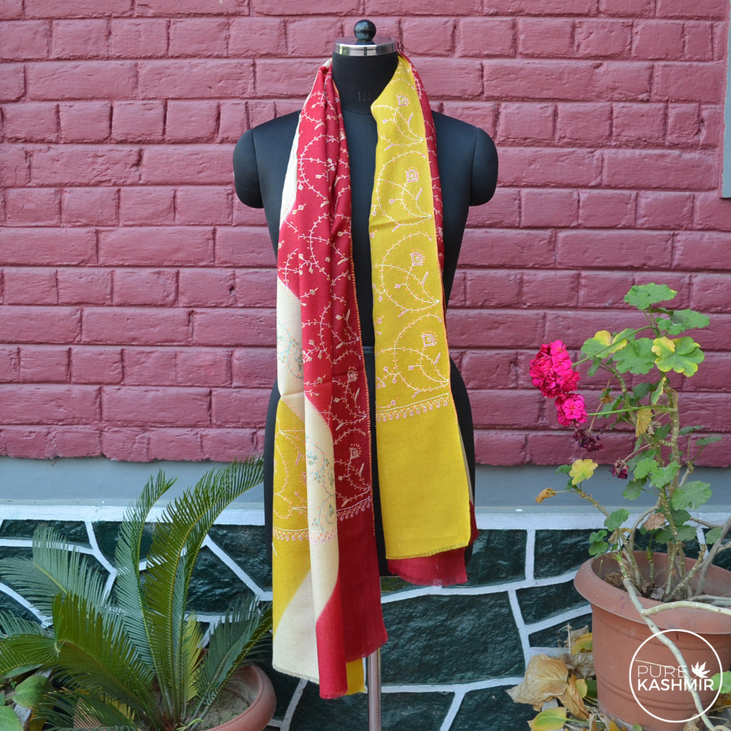 Triple Dyed Kashmir Jali Embroidery Wool Scarf