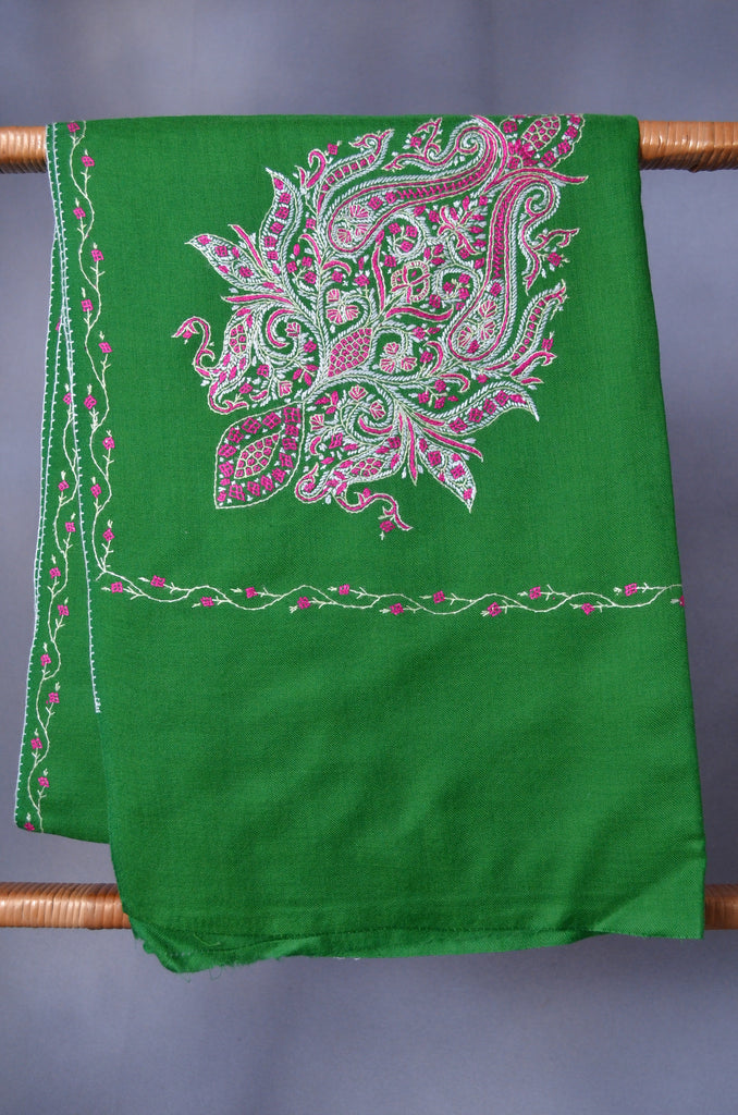 Bottle Green Cone Motif Merino Sozni Hand Embroidery Scarf
