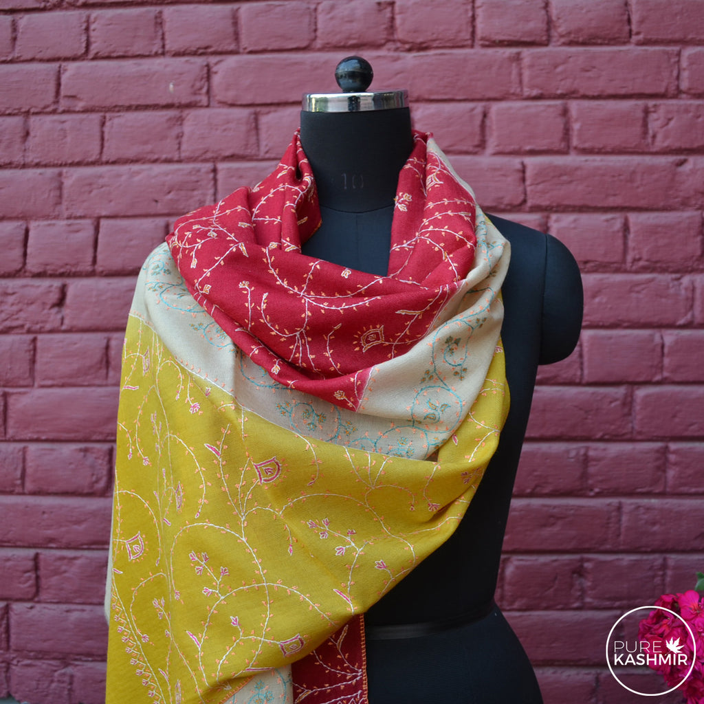 Triple Dyed Kashmir Jali Embroidery Wool Scarf