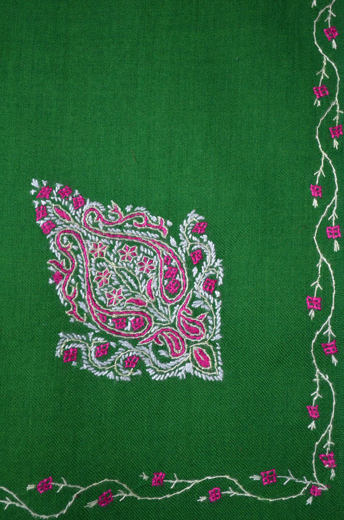 Bottle Green Cone Motif Merino Sozni Hand Embroidery Scarf