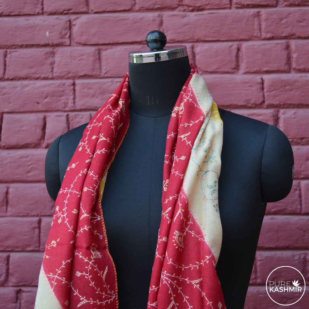 Triple Dyed Kashmir Jali Embroidery Wool Scarf
