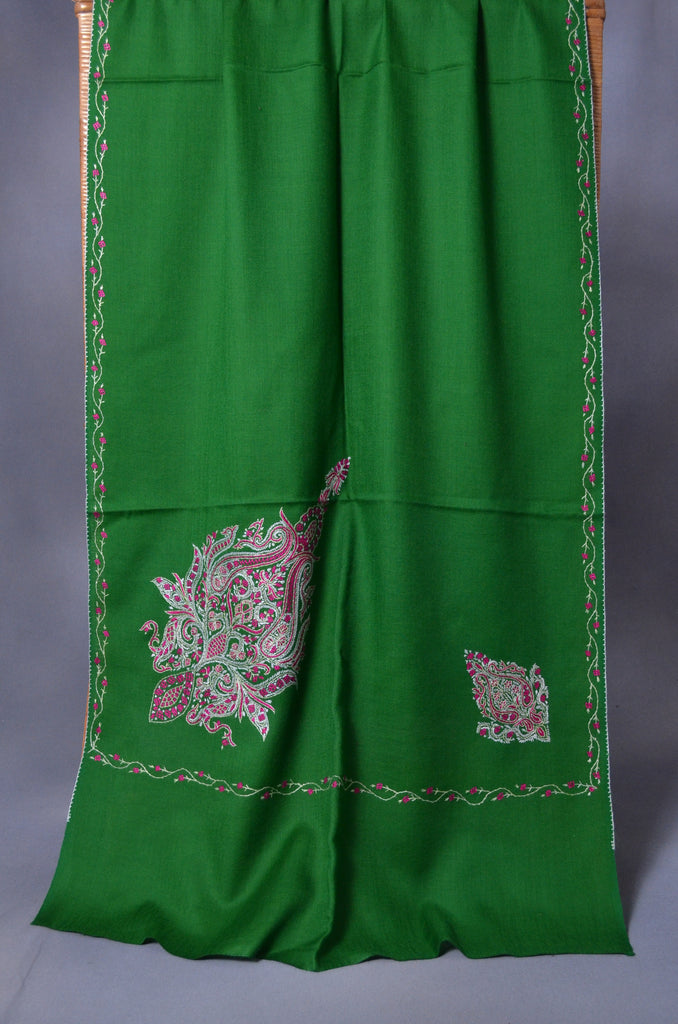Bottle Green Cone Motif Merino Sozni Hand Embroidery Scarf