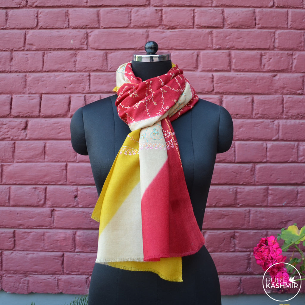 Triple Dyed Kashmir Jali Embroidery Wool Scarf