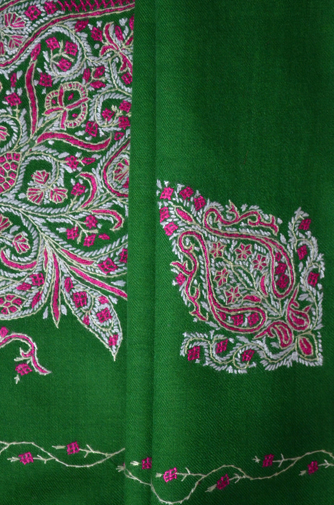 Bottle Green Cone Motif Merino Sozni Hand Embroidery Scarf