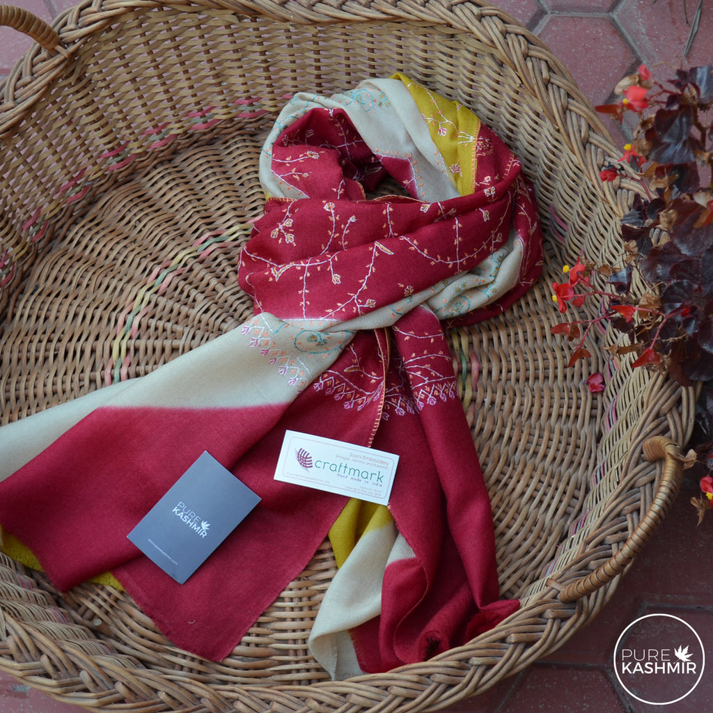 Triple Dyed Kashmir Jali Embroidery Wool Scarf