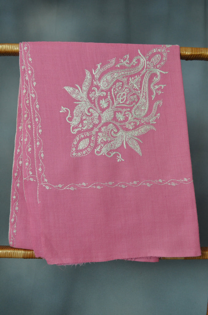 Baby Pink Cone Motif Merino Sozni Hand Embroidery Scarf