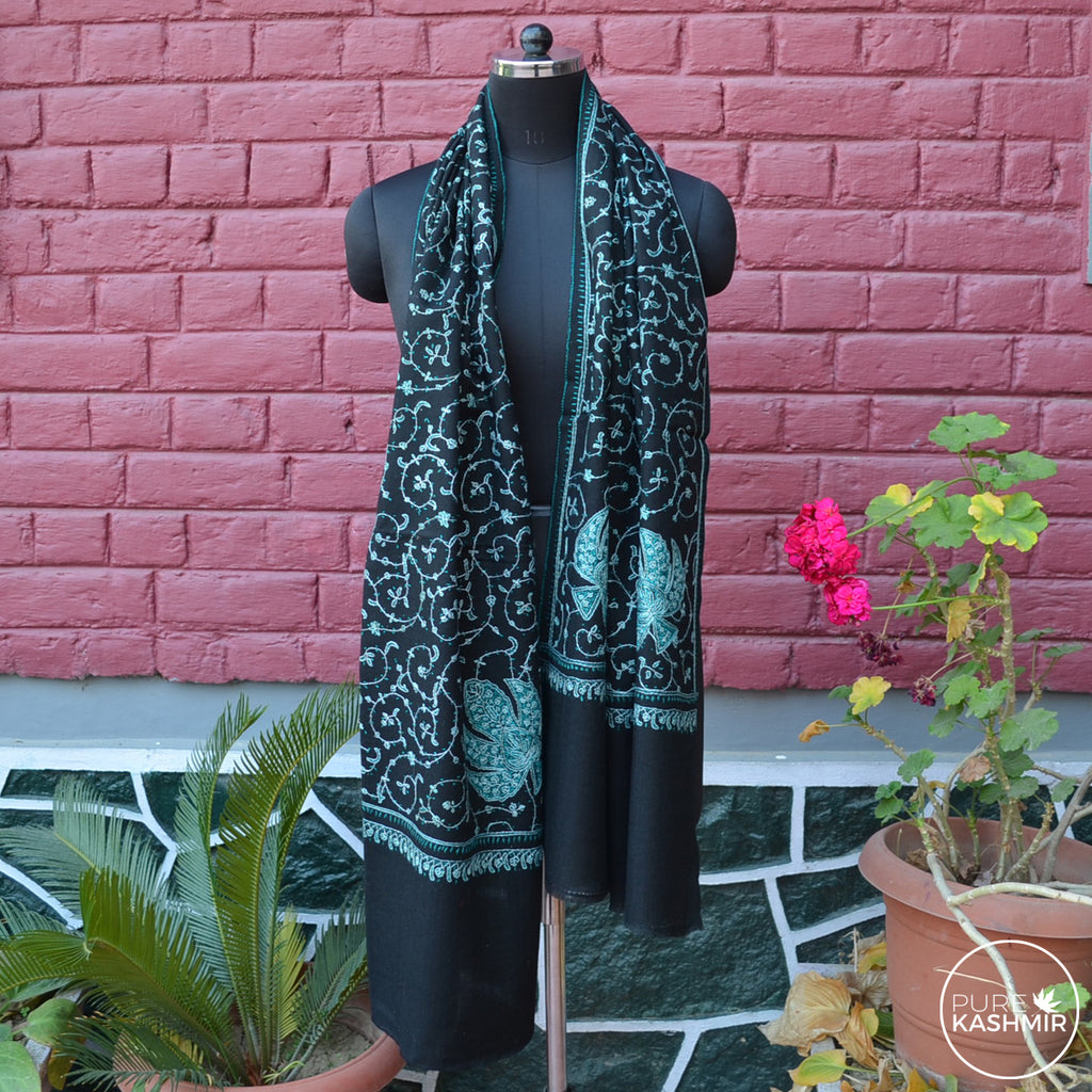 Black Kashmir Sozni Embroidery Wool Scarf