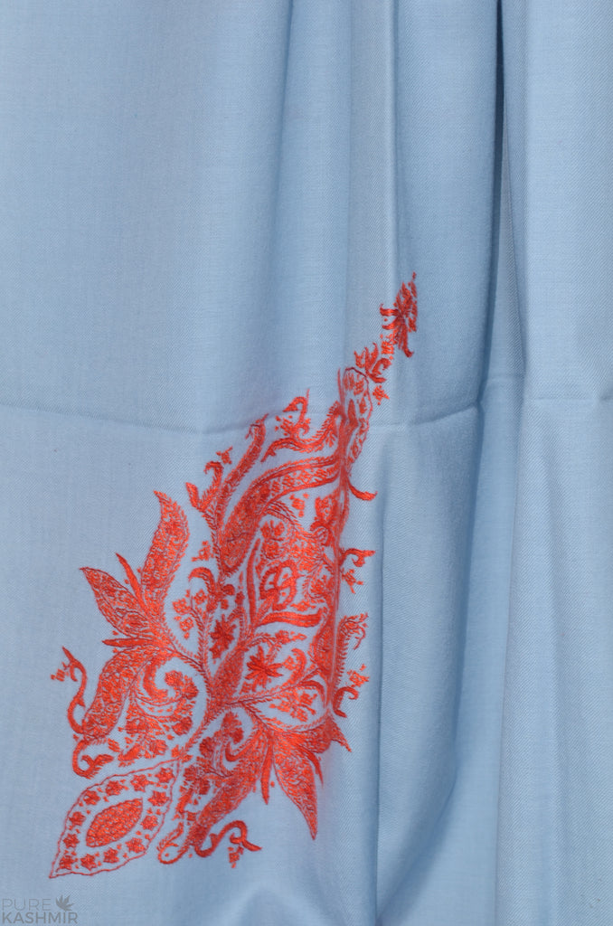 Baby Blue Cone Motif Merino Sozni Hand Embroidery Shawl