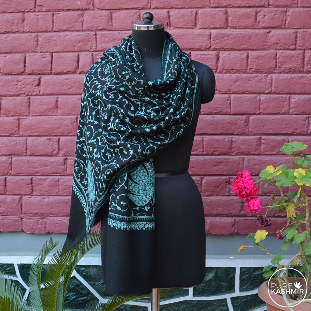 Black Kashmir Sozni Embroidery Wool Scarf