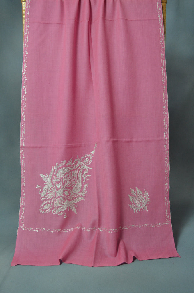 Baby Pink Cone Motif Merino Sozni Hand Embroidery Scarf