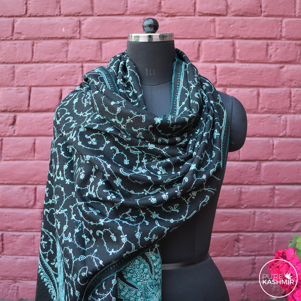 Black Kashmir Sozni Embroidery Wool Scarf