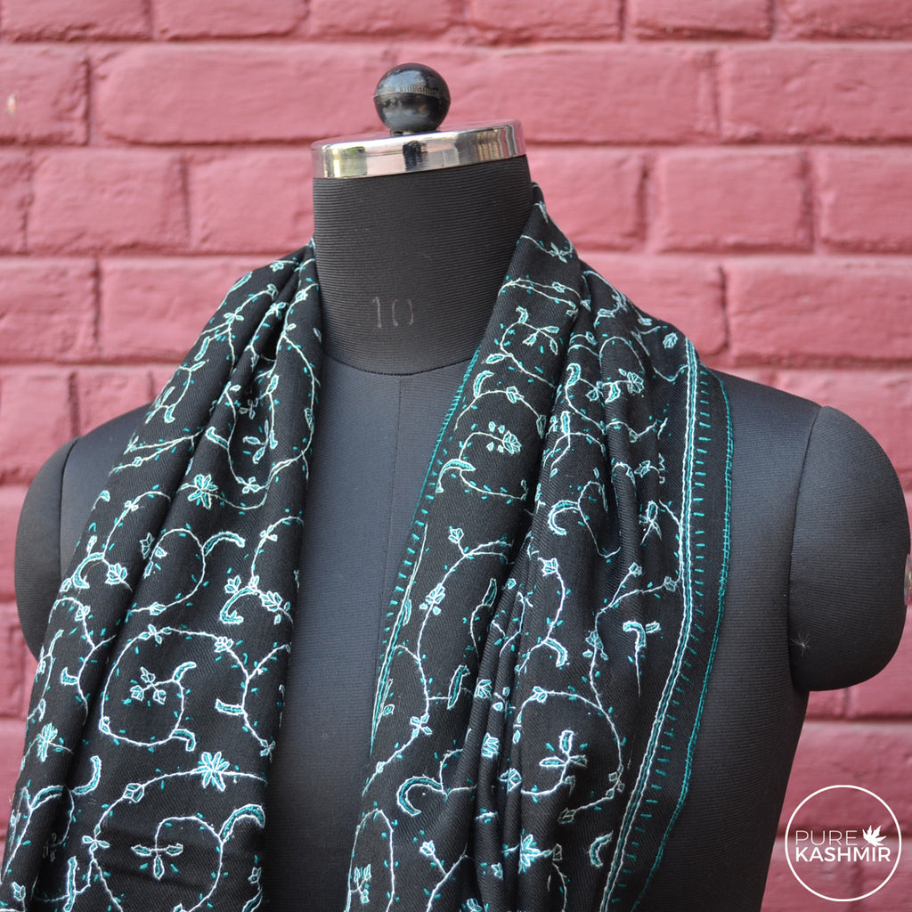 Black Kashmir Sozni Embroidery Wool Scarf