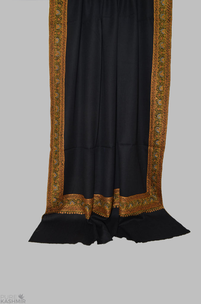 Black Big Border Merino Sozni Hand Embroidery Shawl