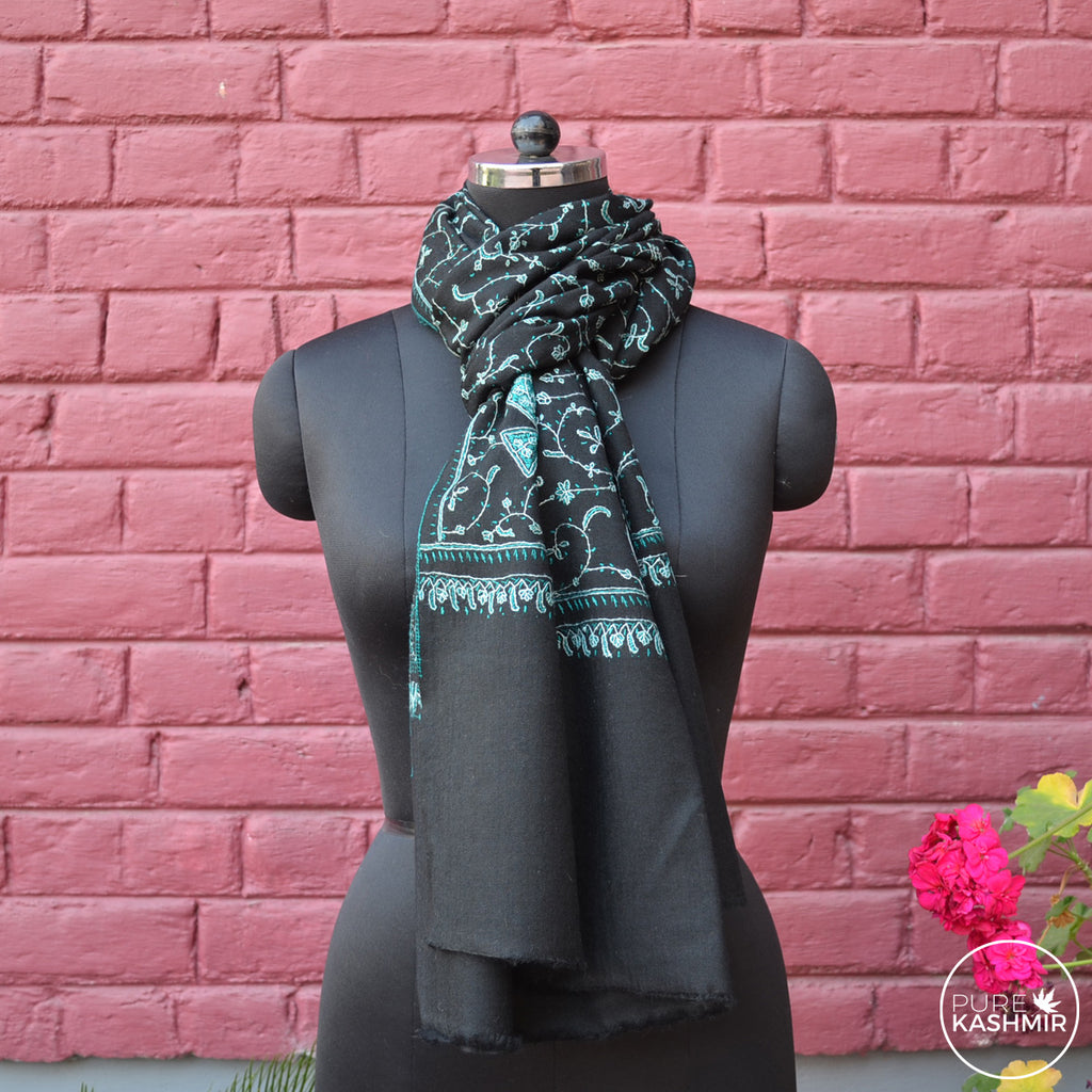 Black Kashmir Sozni Embroidery Wool Scarf