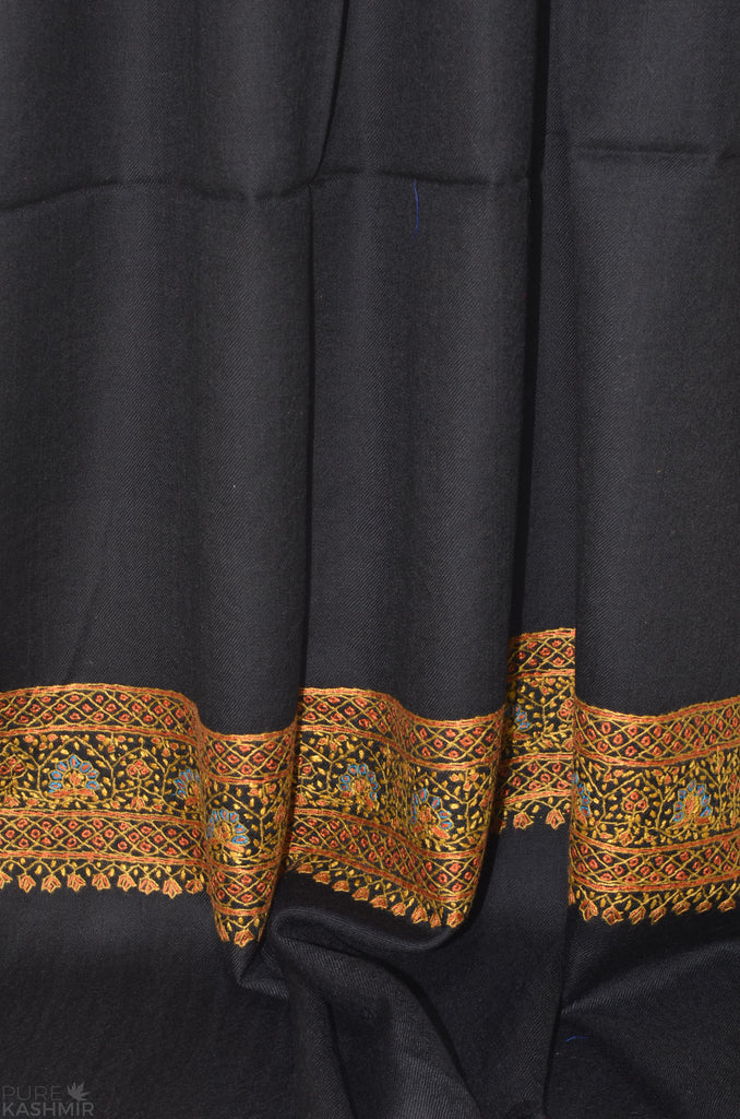 Black Big Border Merino Sozni Hand Embroidery Shawl
