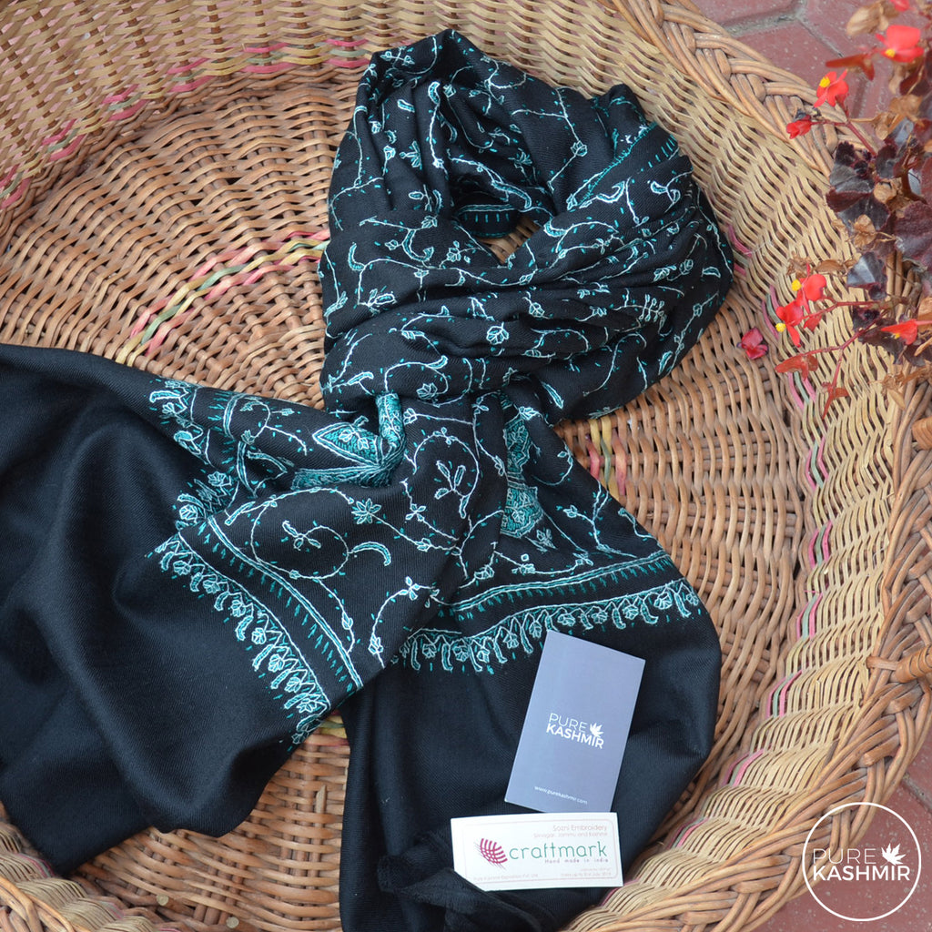 Black Kashmir Sozni Embroidery Wool Scarf