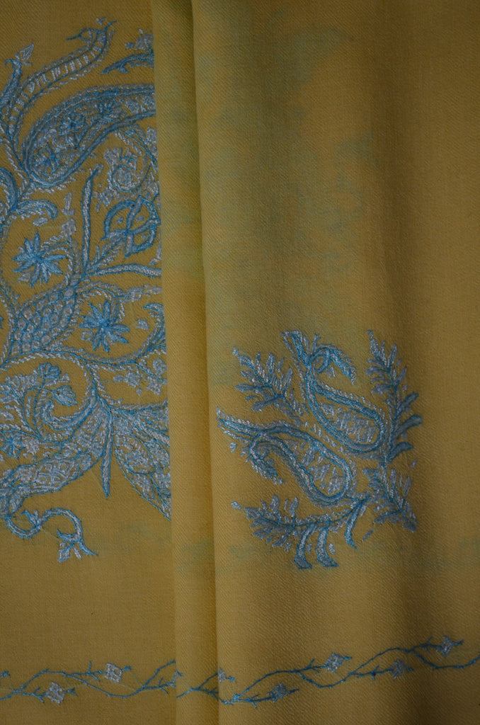 Yellow Cone Motif Merino Sozni Hand Embroidery Scarf