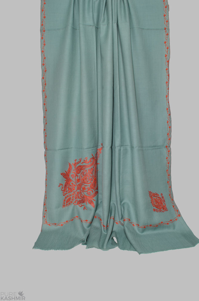 Teal Cone Motif Merino Sozni Hand Embroidery Shawl