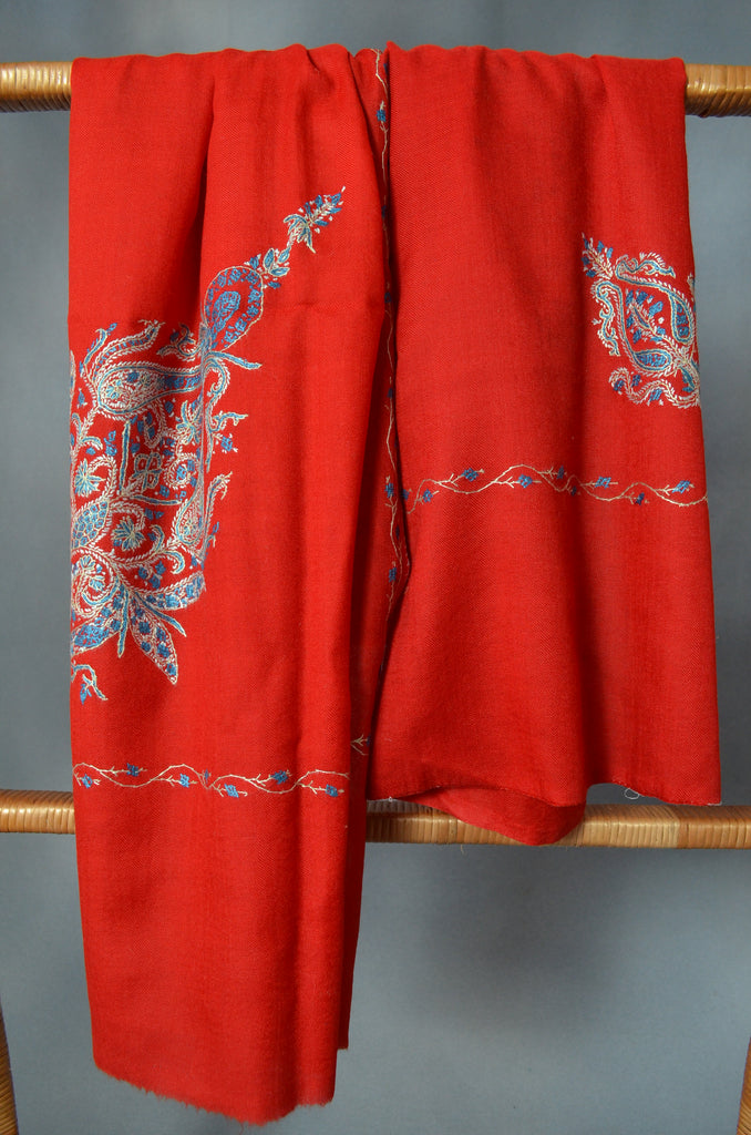 Red Cone Motif Merino Sozni Hand Embroidery Scarf