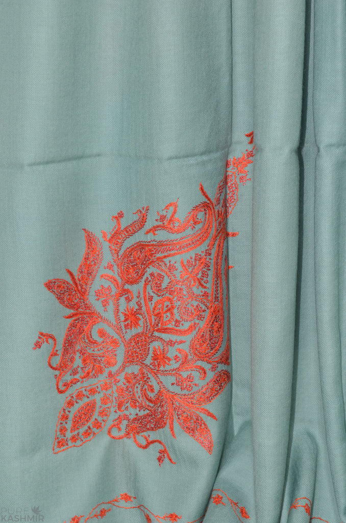 Teal Cone Motif Merino Sozni Hand Embroidery Shawl