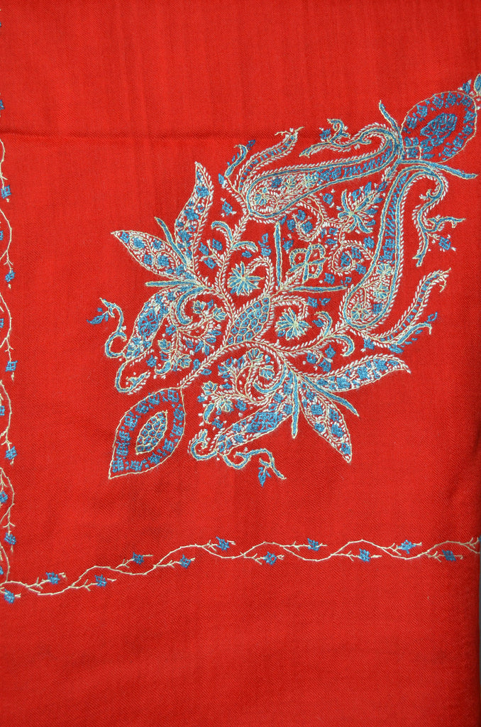 Red Cone Motif Merino Sozni Hand Embroidery Scarf