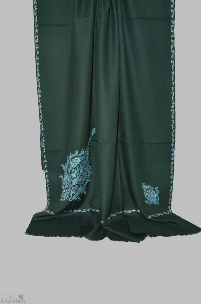 Green Cone Motif Merino Sozni Hand Embroidery Shawl