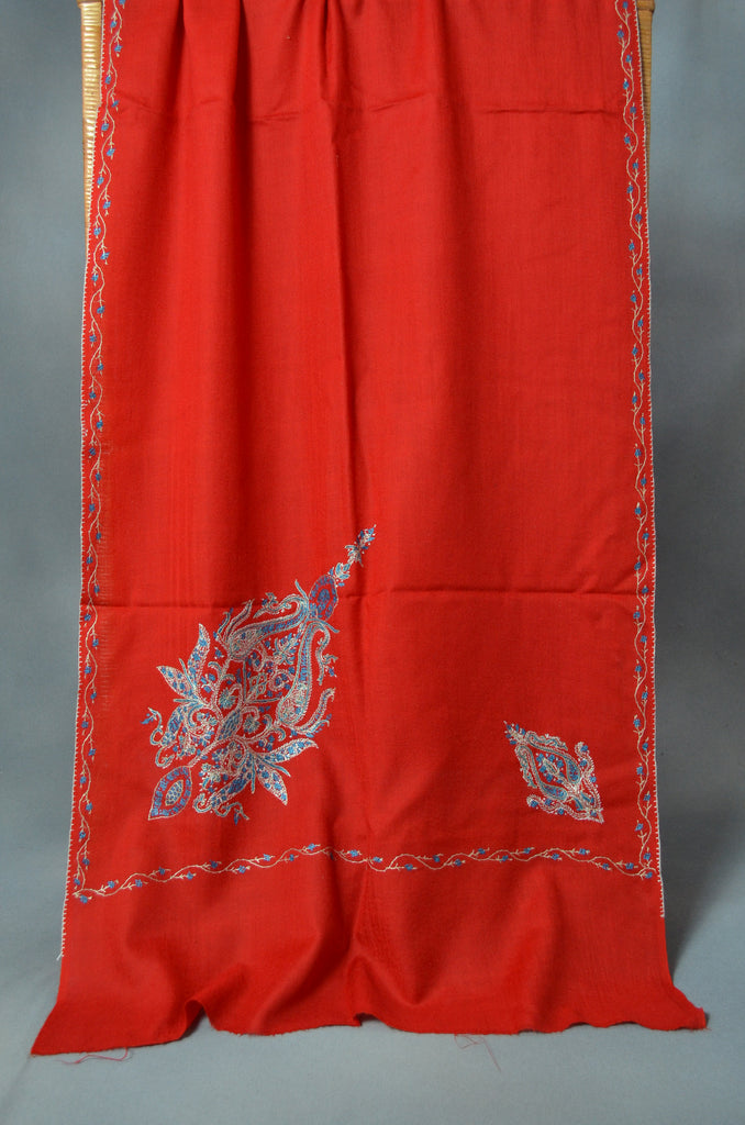 Red Cone Motif Merino Sozni Hand Embroidery Scarf