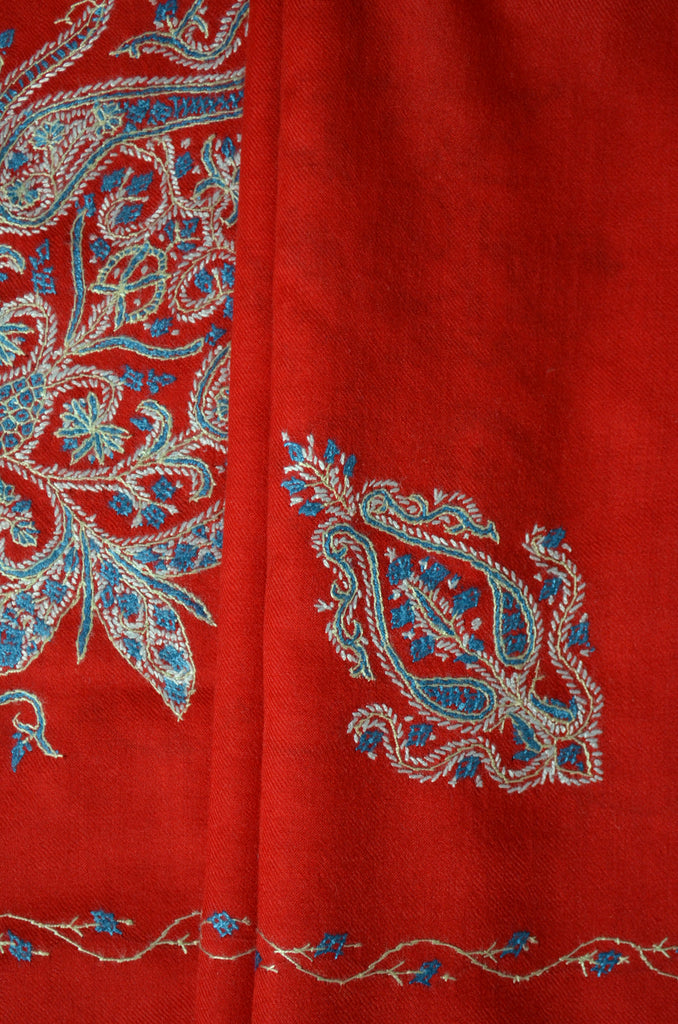 Red Cone Motif Merino Sozni Hand Embroidery Scarf