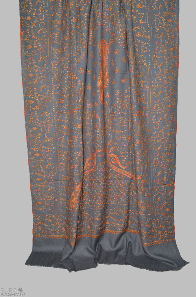 Grey Jali Merino Sozni Hand Embroidery Shawl