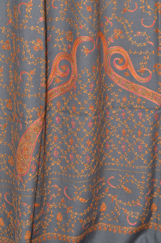 Grey Jali Merino Sozni Hand Embroidery Shawl