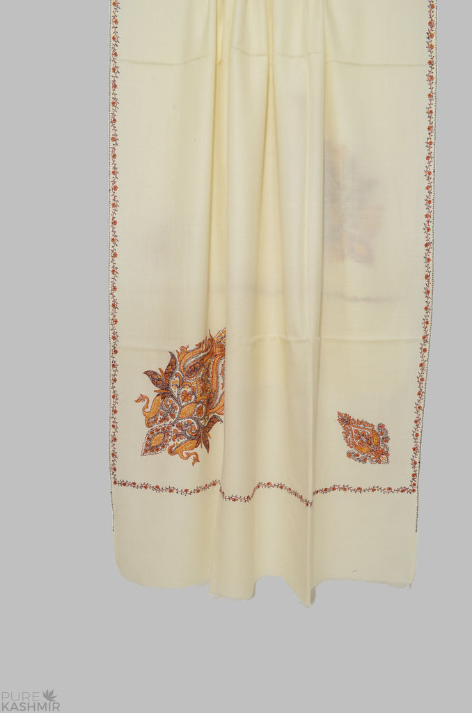Ivory Cone Motif Merino Sozni Hand Embroidery Shawl