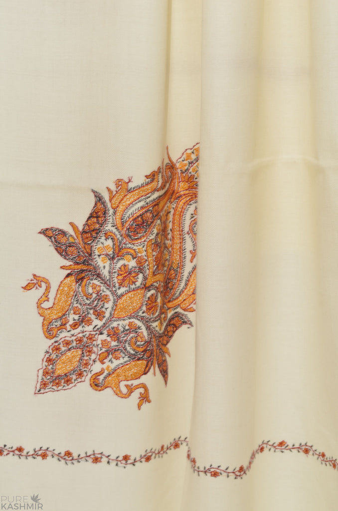 Ivory Cone Motif Merino Sozni Hand Embroidery Shawl